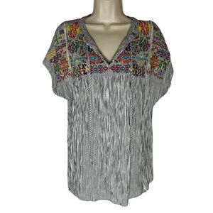 Jodifl white and black striped shirt with colorful stitch design on top size M